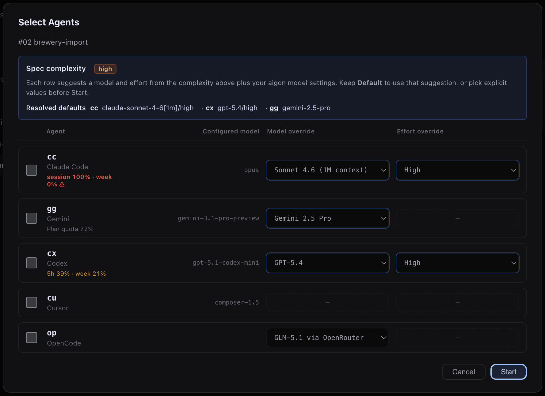 Agent selection with quota warnings