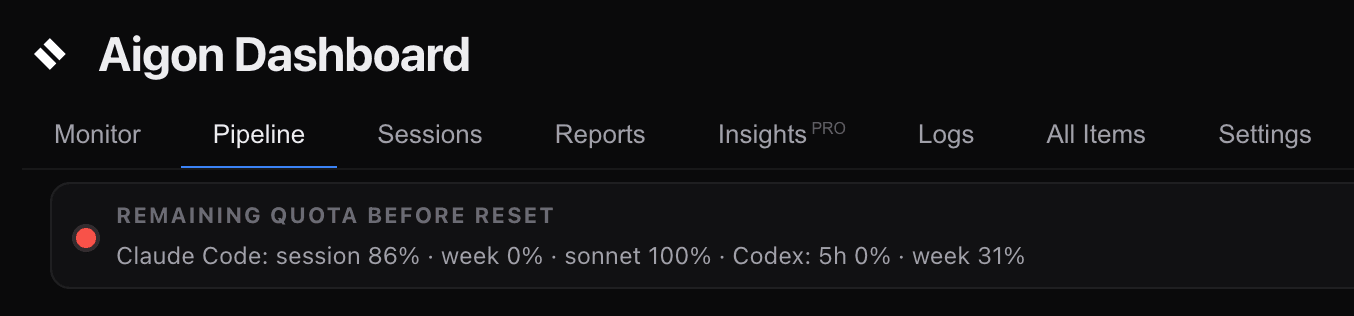 Pipeline quota panel with Claude Code and Codex bars