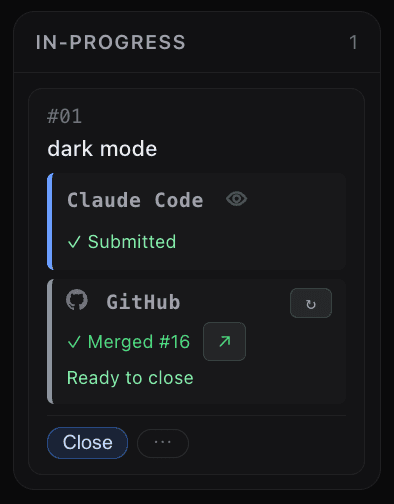 GitHub PR status section on a feature card showing a merged PR