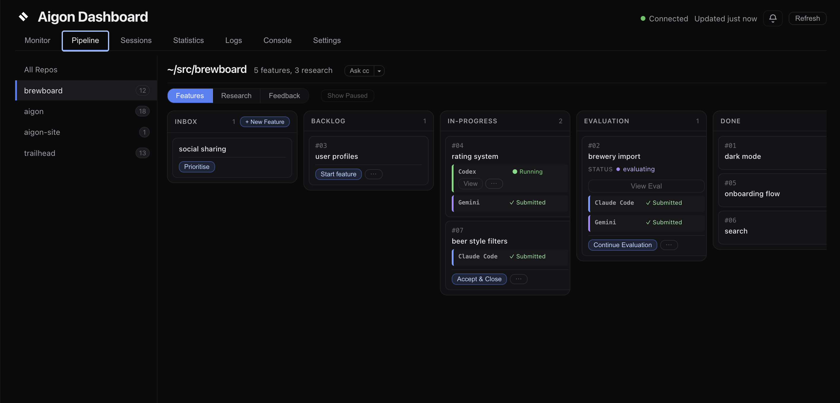 Aigon Dashboard Kanban board showing feature cards in inbox, backlog, in-progress, evaluation, and done columns