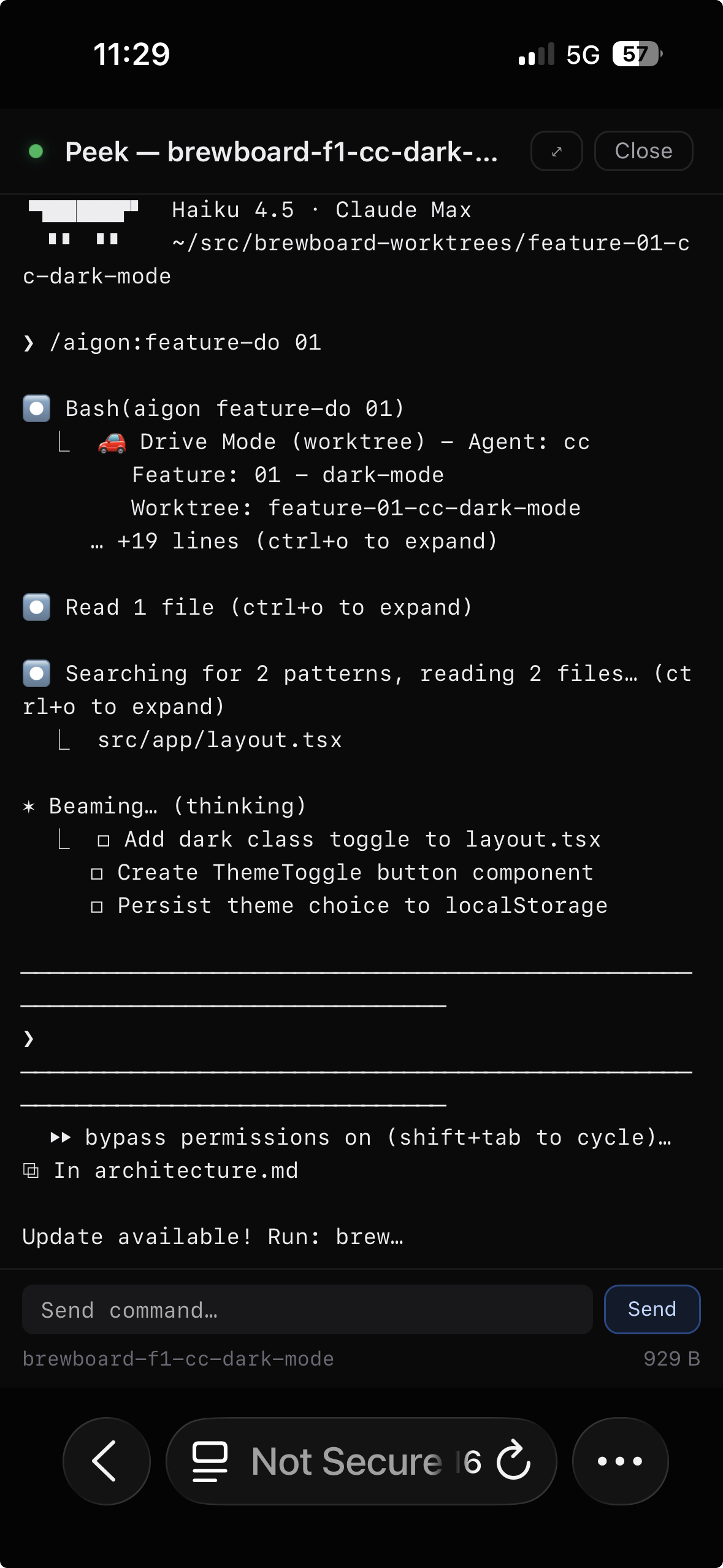 Peeking into a live Claude agent session from iPhone — viewing real-time tool calls and reasoning