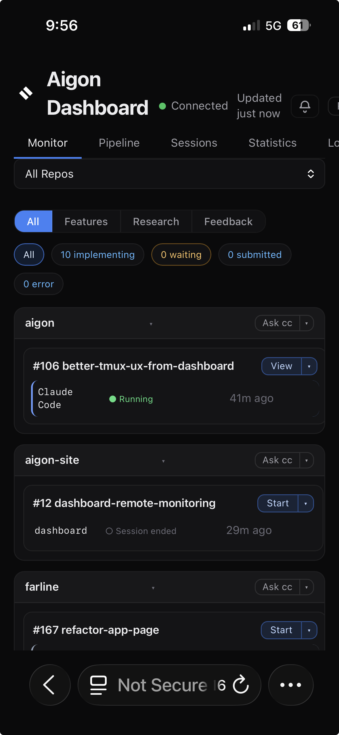 Aigon Dashboard viewed on iPhone Safari showing active agent sessions across multiple repositories